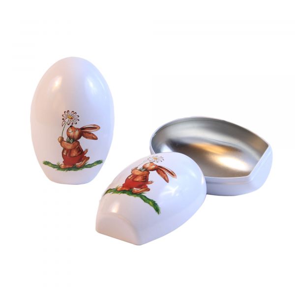 Blechdose Ei mit Hasenmotiv zum Hinstellen, ca. 9,4 x 9,4 x 13,8 cm, 2 Stück